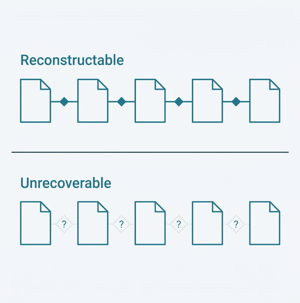 Two rows of documents linked in a chain. In the top row, labeled Reconstructable, the links and decision markers are solid. In the bottom row, labeled Unrecoverable, the documents remain but the decision markers are faint dotted outlines with question marks.