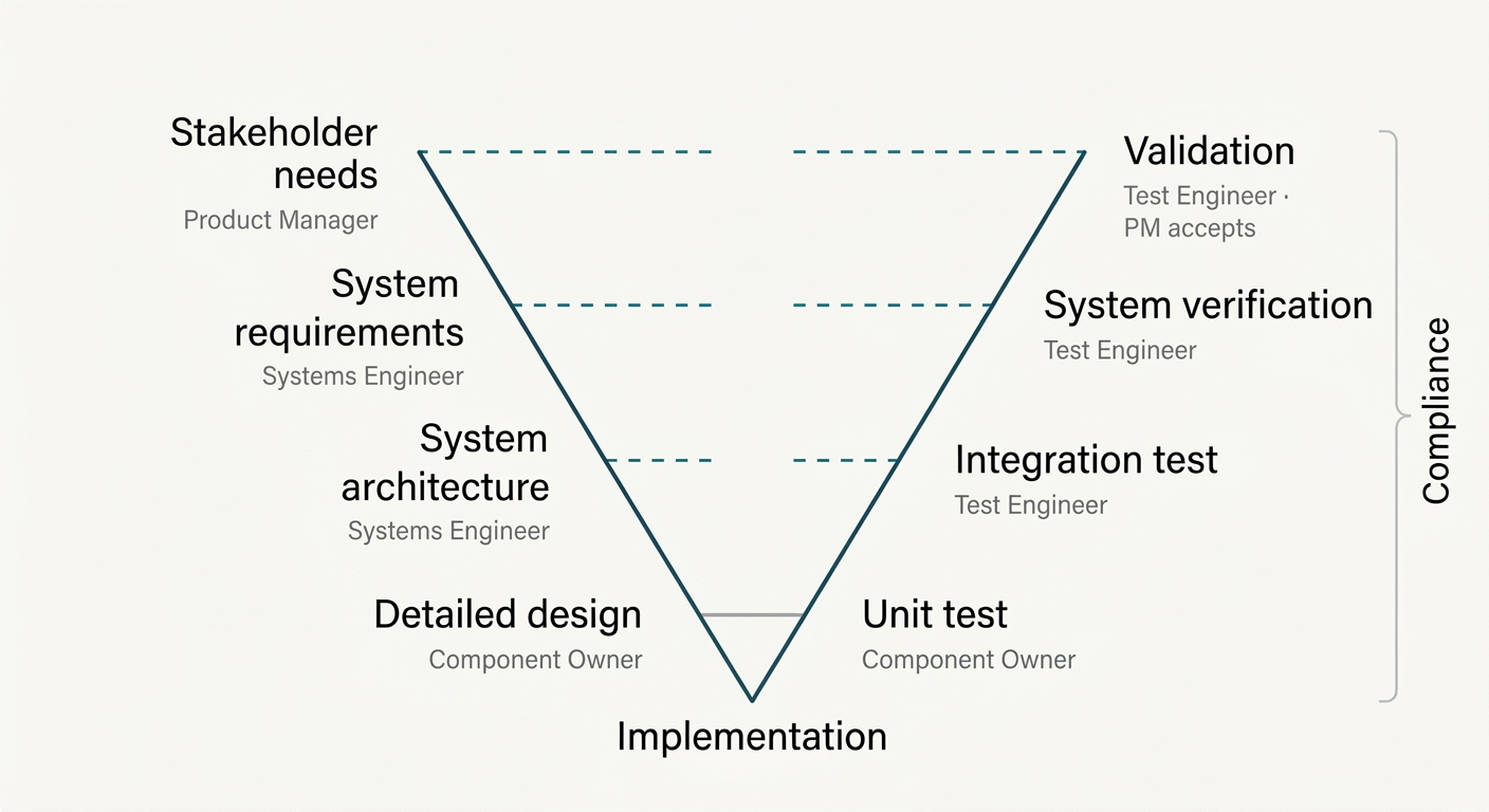 The V-Model from Part 1, with the owner of each level named on both arms. Product Manager defines stakeholder needs; a test engineer executes validation and the PM accepts it. The systems engineer owns system requirements and architecture; a test engineer owns system verification and integration test. At these three levels the line joining the two arms is broken, marking a handoff between different people. At the bottom, the component owner holds both detailed design and unit test, joined by a solid line. A bracket to the right spanning every level is labelled Compliance.