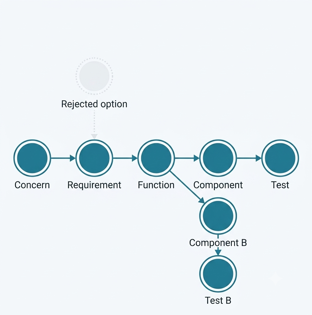 A traceability chain drawn as a graph: stakeholder concern, requirement, function, component and test connected by solid edges, with a branch to a second component and test. A rejected-option node hangs off the requirement as a faint dotted outline with no downstream edges.