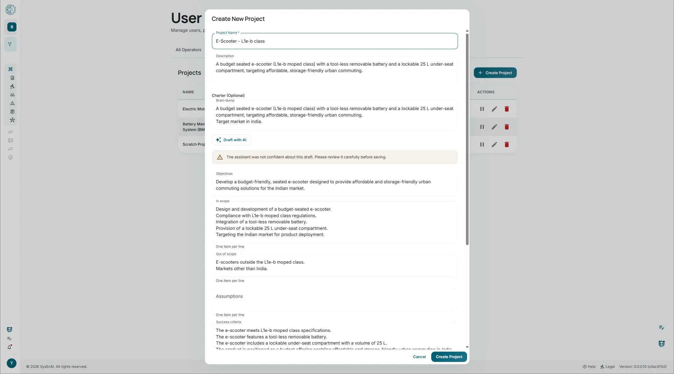 The Create New Project dialog in sysen.ai with an AI-drafted charter and a low-confidence warning banner