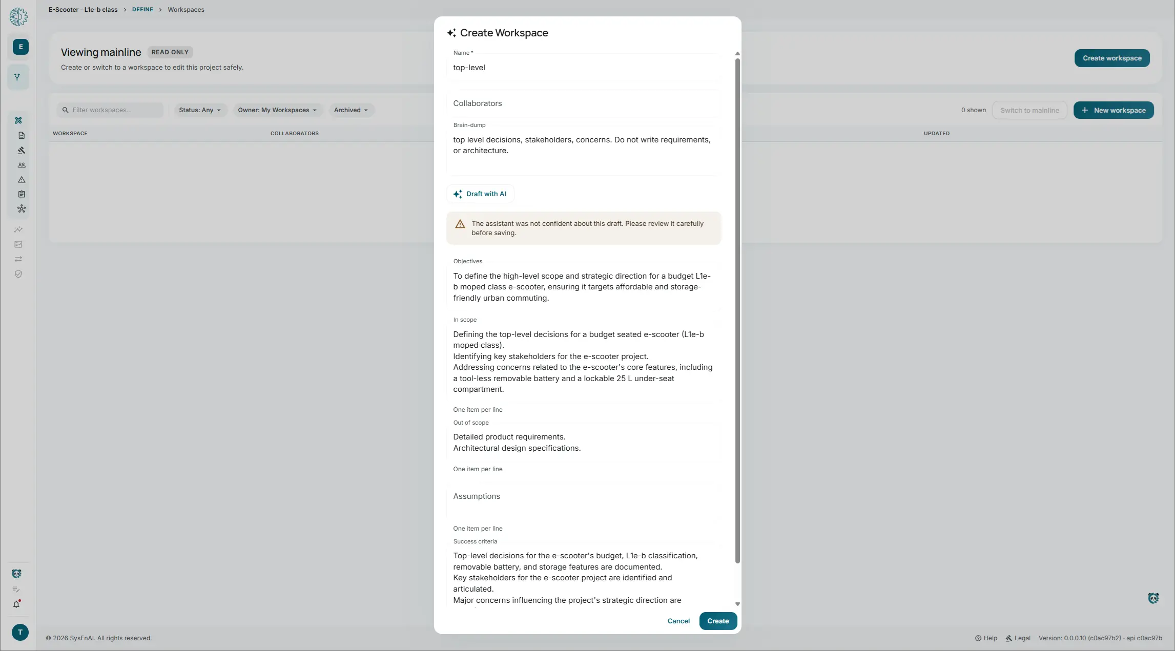 The Workspaces screen in sysen.ai showing mainline open in read-only mode