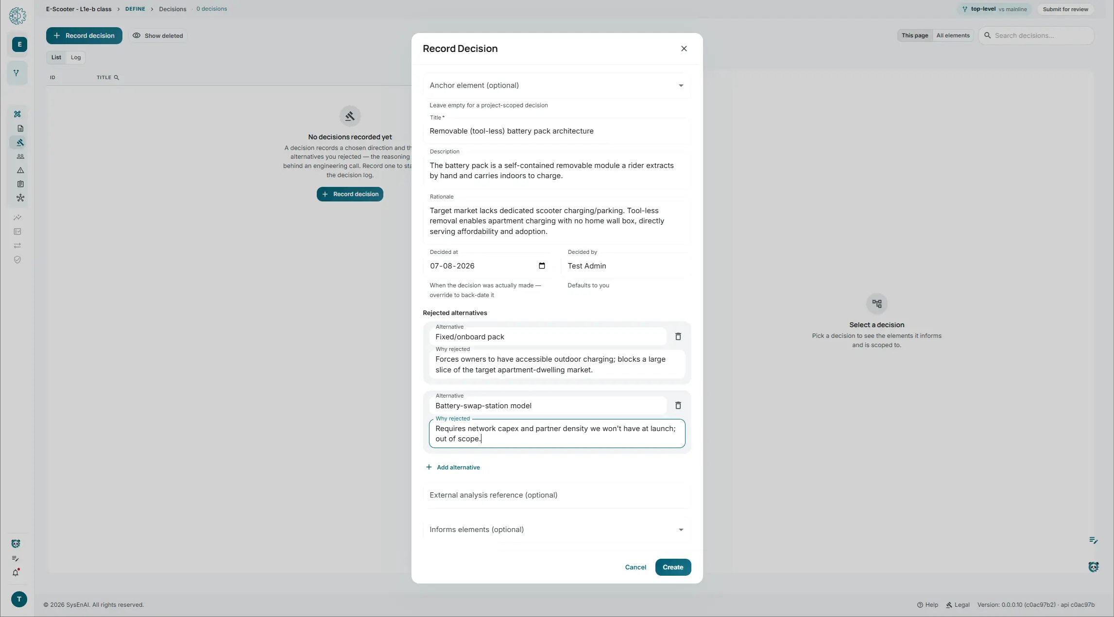 The Record Decision dialog in sysen.ai, showing a decision with two rejected alternatives each carrying its own reason