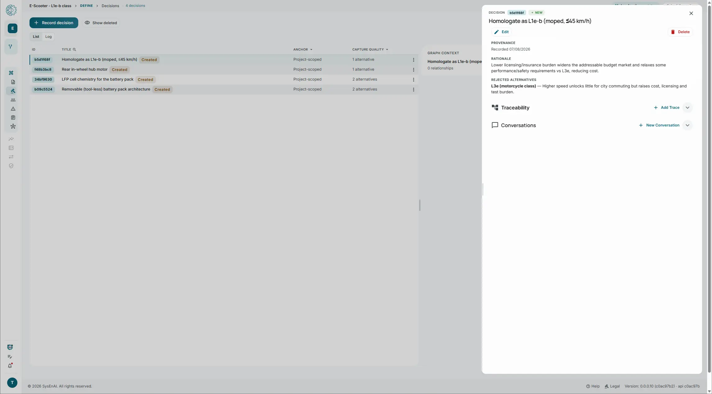 The decision log in sysen.ai with a capture-quality column and a panel showing provenance, rationale and rejected alternatives