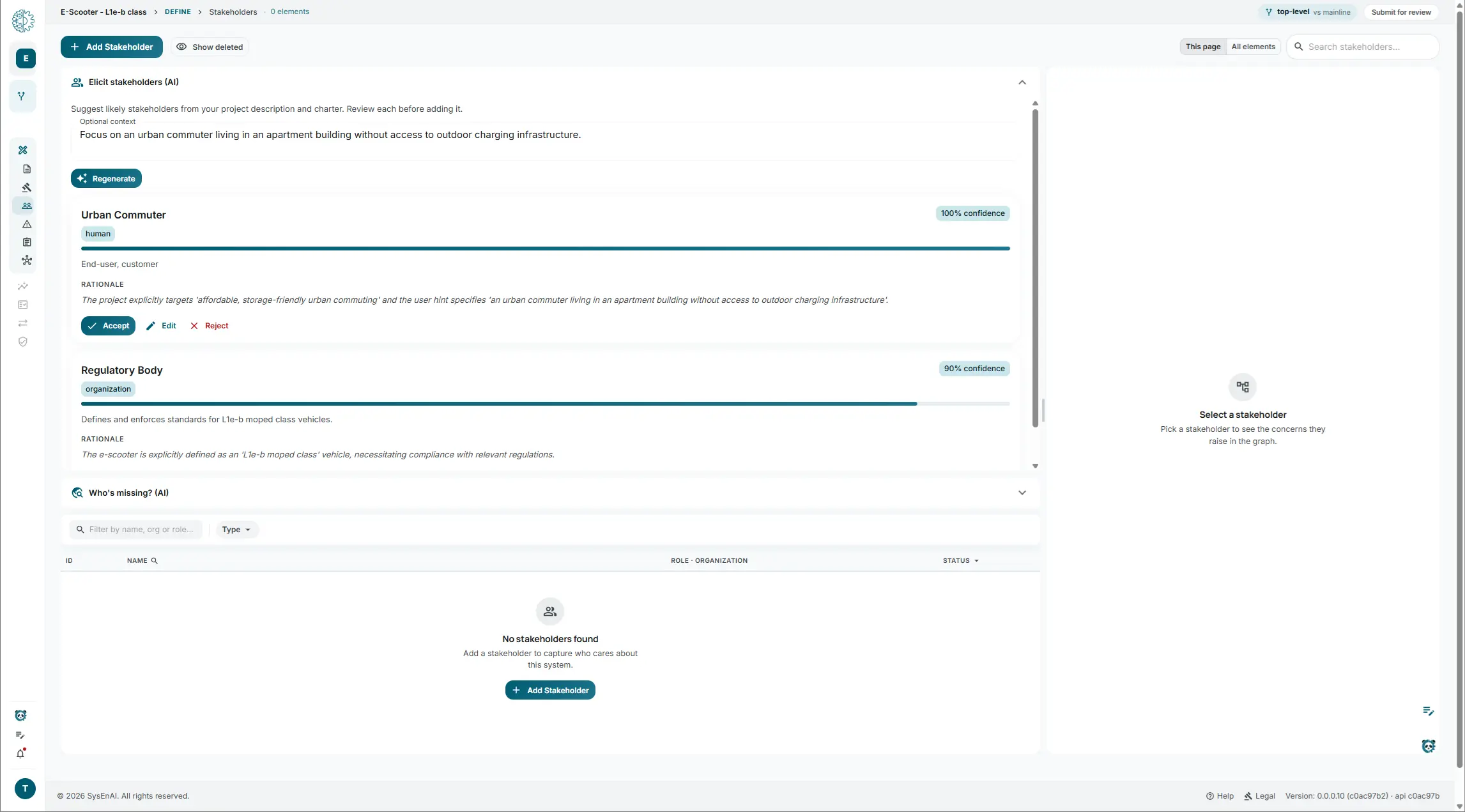 AI-elicited stakeholder proposals in sysen.ai, each with a confidence badge, its rationale, and accept, edit and reject actions