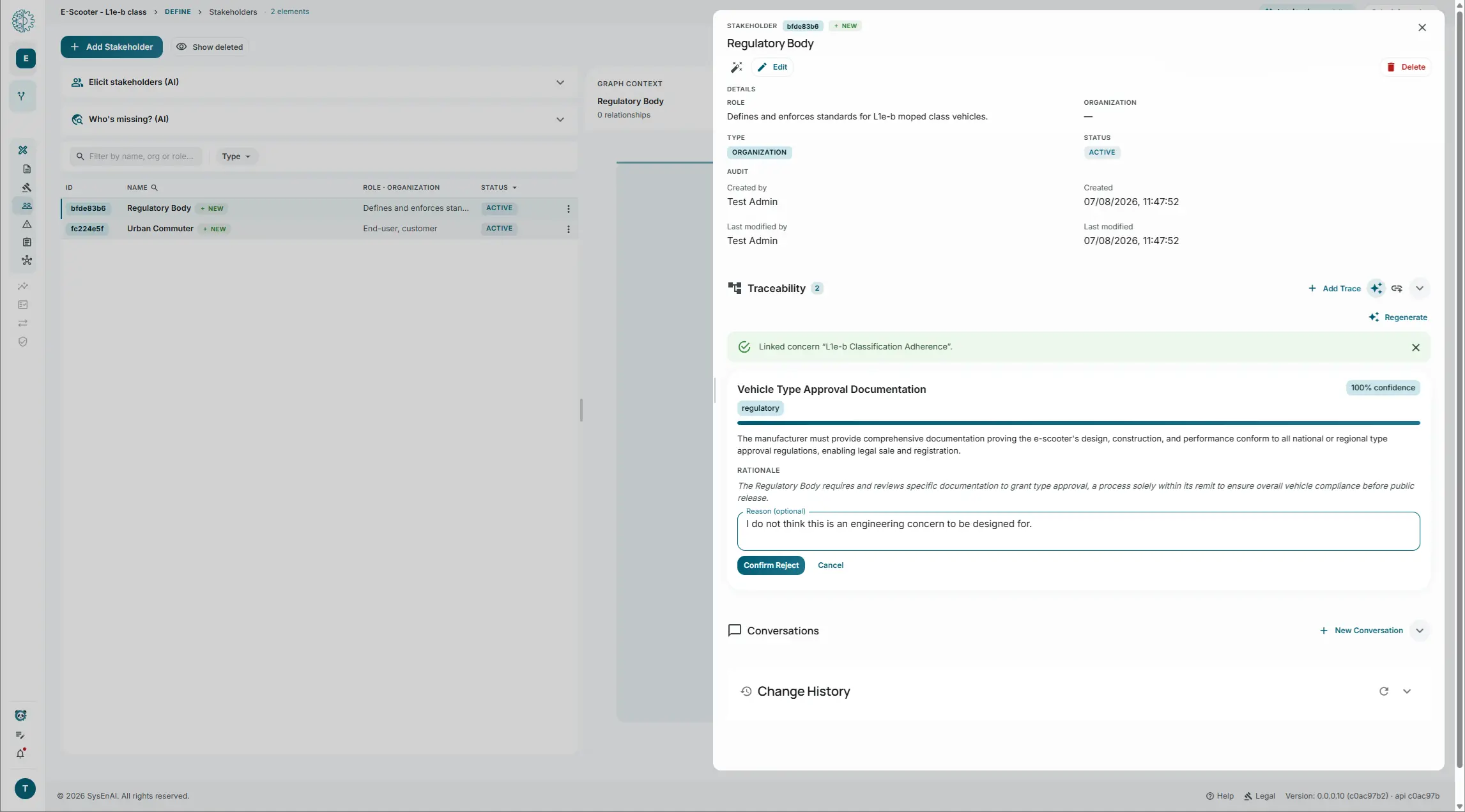An engineer rejecting a 100%-confidence AI suggestion in sysen.ai by typing a written reason before confirming