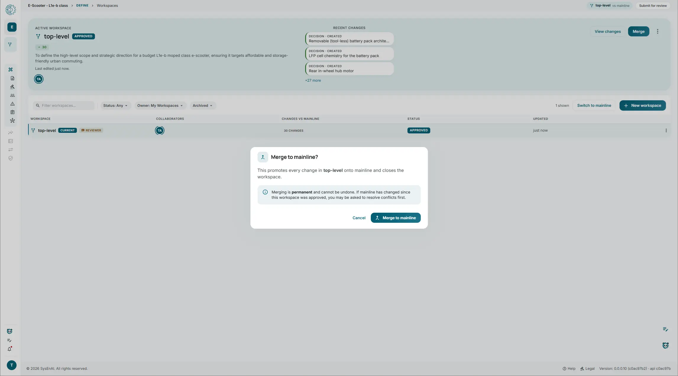 The merge-to-mainline confirmation dialog in sysen.ai warning that merging is permanent and cannot be undone